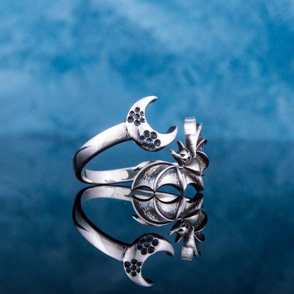 Bat & Crescent Moon Silver Adjustable Open Ring - Picture 3 of 8